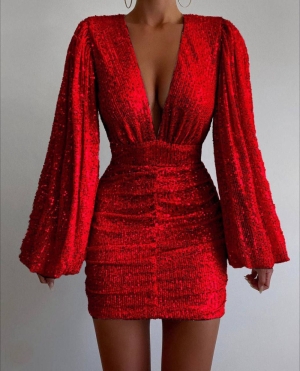 Дамска рокля с отворено деколте и пайети T7548 червен
