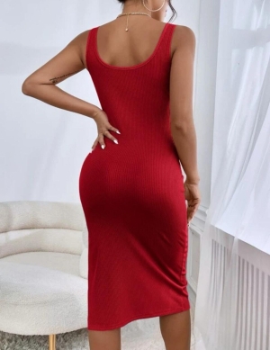 Дамска рокля трико със цепка 9701345 червен