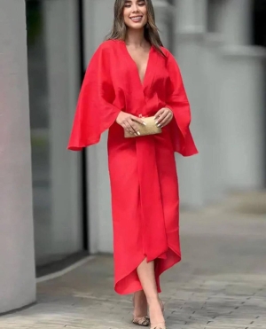 Дамска рокля от ленен плат със специален дизайн 2425 червен