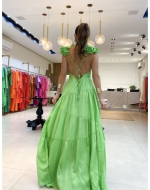 Дамска ленена рокля T2432 зелен