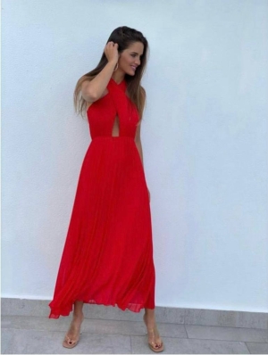 дамска рокля шифон плисе 1892 червен