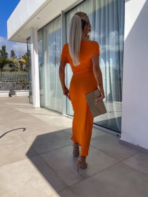 Дамска елегантна рокля с цепка K24048 оранжев