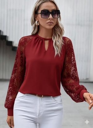 дамска блуза с дантелен детайл j71350 червен