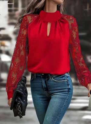 дамска блуза  с ръкави тюл j71112  червен