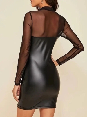 дамска рокля  кожа с тюл ръкави J71355 черен