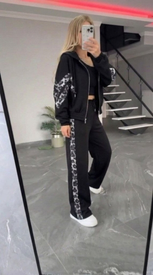 дамски компект с качулка и леопардов кант J61951 черен