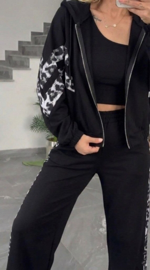 дамски компект с качулка и леопардов кант J61951 черен