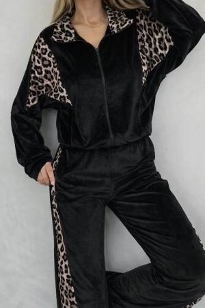 дамски компект кадифе с леопардов детайл J62032 черен