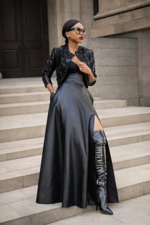 дамска пола еко кожа с висока талия и цепка J61981