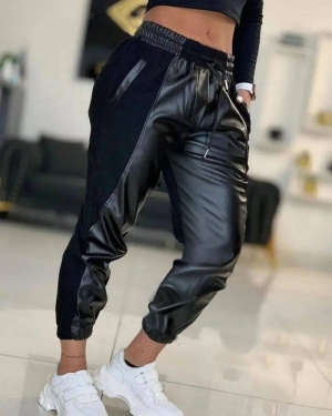 pantaloni de damă din piele ecologică cu talie înaltă J46132