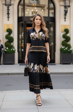 дамски компект плисирана пола и сако с шарки AS7909 черен