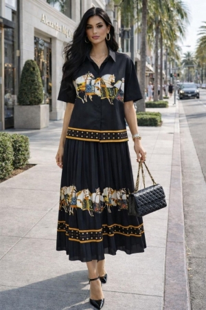 дамски компект плисирана пола и сако с шарки AS7909 черен