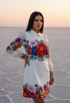 дамска рокля сатен щампа NI2861 бял