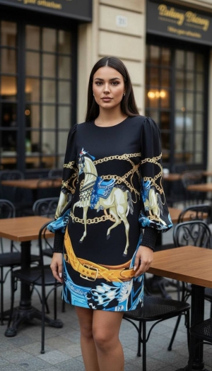 дамска рокля сатен щампа NI2861 черен