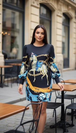 дамска рокля сатен щампа NI2861 черен