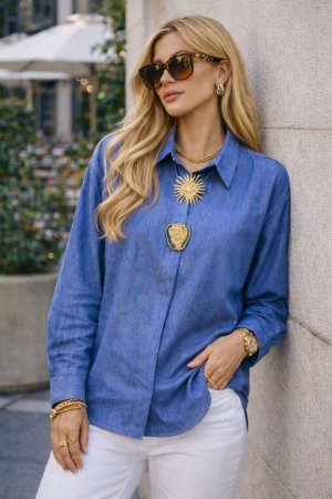 дамска риза плат тенцел с брошка AS7947 син