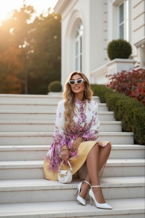 дамска рокля сатен  и шарки AS7200 бял/жълт