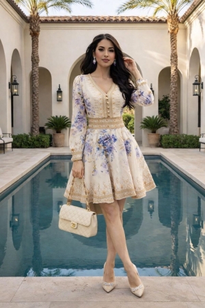 дамска рокля  с V деклоте и шарки AS7919 бежов/син