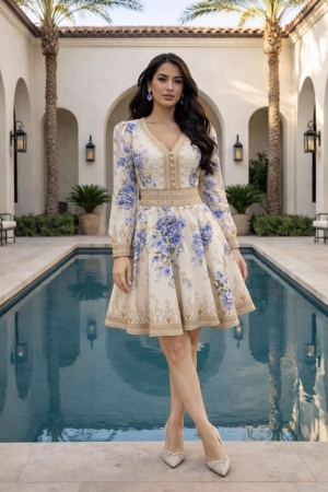 дамска рокля  с V деклоте и шарки AS7919 бежов/син