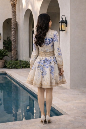 дамска рокля  с V деклоте и шарки AS7919 бежов/син