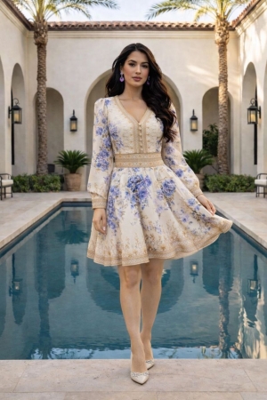 дамска рокля  с V деклоте и шарки AS7919 бежов/син