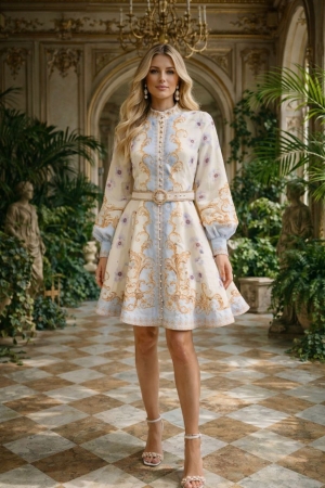 дамска рокля с V деклоте и шарки AS7919 бежов/светло син