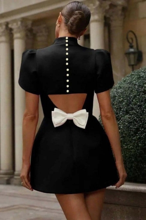 дамска рокля с панделка на гърба сатен  J46100 черен