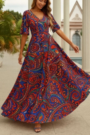 дамска рокля с V деклоте с принт   J44038-22