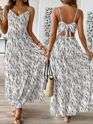 дамска рокля с V деклоте щампа и връзки отзад J76241