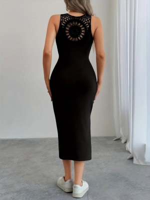 дамска рокля с дантелен детайл на гърба и странична цепка  J72306