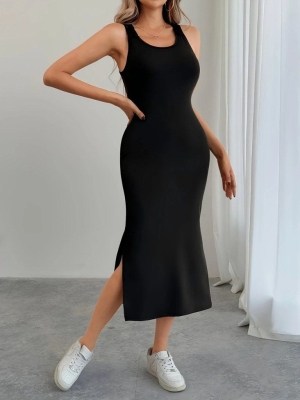 дамска рокля с дантелен детайл на гърба и странична цепка  J72306