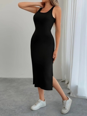 дамска рокля с дантелен детайл на гърба и странична цепка  J72306