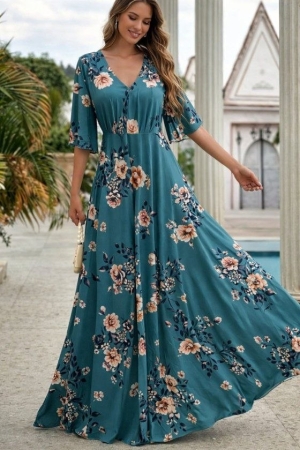 дамска рокля с V деклоте и флорален принт   J44038 син