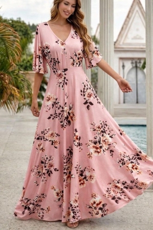дамска рокля с V деклоте и флорален принт   J44038 розов