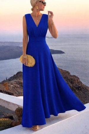 дамска рокля с V деклоте  къс ръкав  дълга  J10029 син