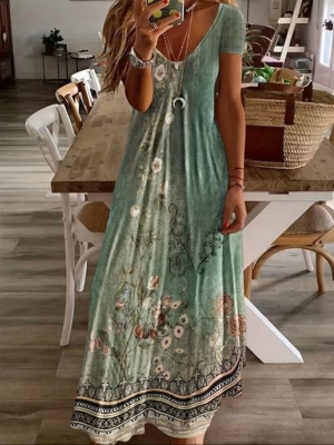 дамска рокля с V деклоте с шарки  дълга  J76274