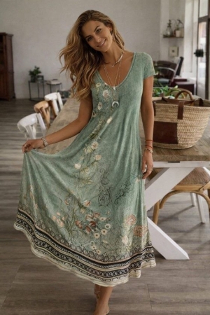 дамска рокля с V деклоте с шарки  дълга  J76274