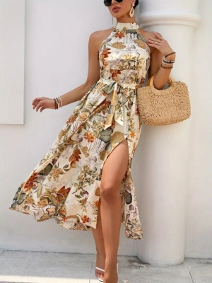 дамска рокля  с с оголени рамене, цепка и флорален принт J55170