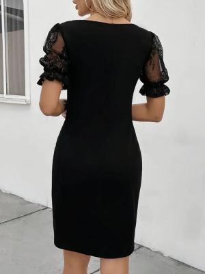 дамска рокля с V деклоте  къс ръкав тюл  J61410 черен