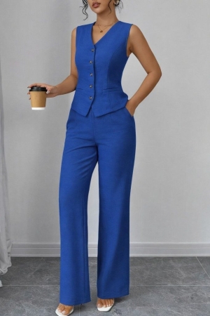  Дамски комплект от две части - блуза и панталон без ръкави с копчета отпред  лен  J46170 син