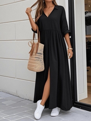 👗Дълга рокля , V-образно деколте и цепка  J62100 черен