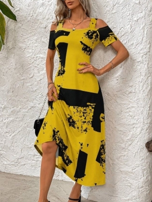 👗 Дълга рокля  с шарки и презрамки  J72476 жълт