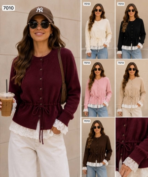 Cardigan de damă cu culori mixte și nasturi J63094 alb/roz