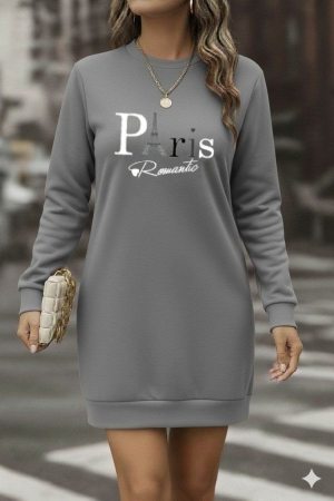 👗Rochie scurtă de damă din crep, cu mâneci lungi, guler răsturnat și detaliu asimetric în față. J46181