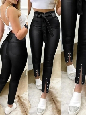 pantaloni de damă din piele ecologică cu talie înaltă J46132