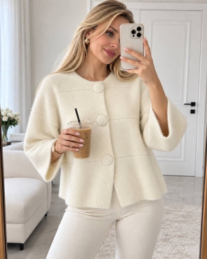 Cardigan de damă cu culori mixte și nasturi J63094 alb/roz