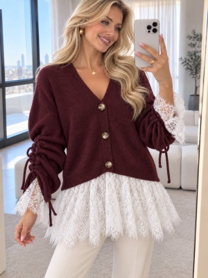 Cardigan de damă cu culori mixte și nasturi J63094 alb/roz