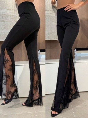  👗 дамски панталон с висока талия и дантелени детайли по подгъва  J4700