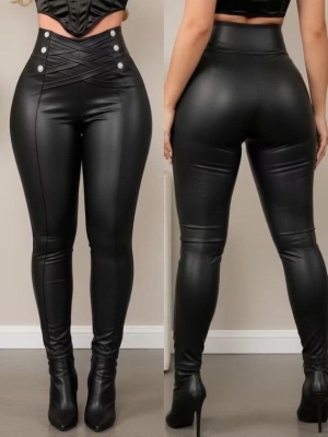 👗 Кожен клин с висока талия, кръстосано закопчаване отпред и копчета  J46252 черен