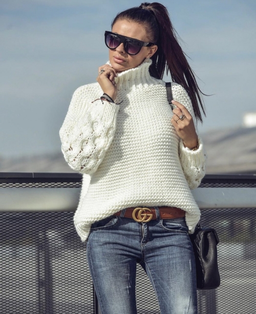 Дамски пуловер бял - код 7211 